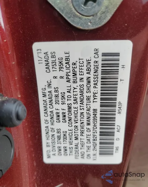 2013 Honda Civic Lx from USA, damaged, VIN 2HGFB2F57DH599498